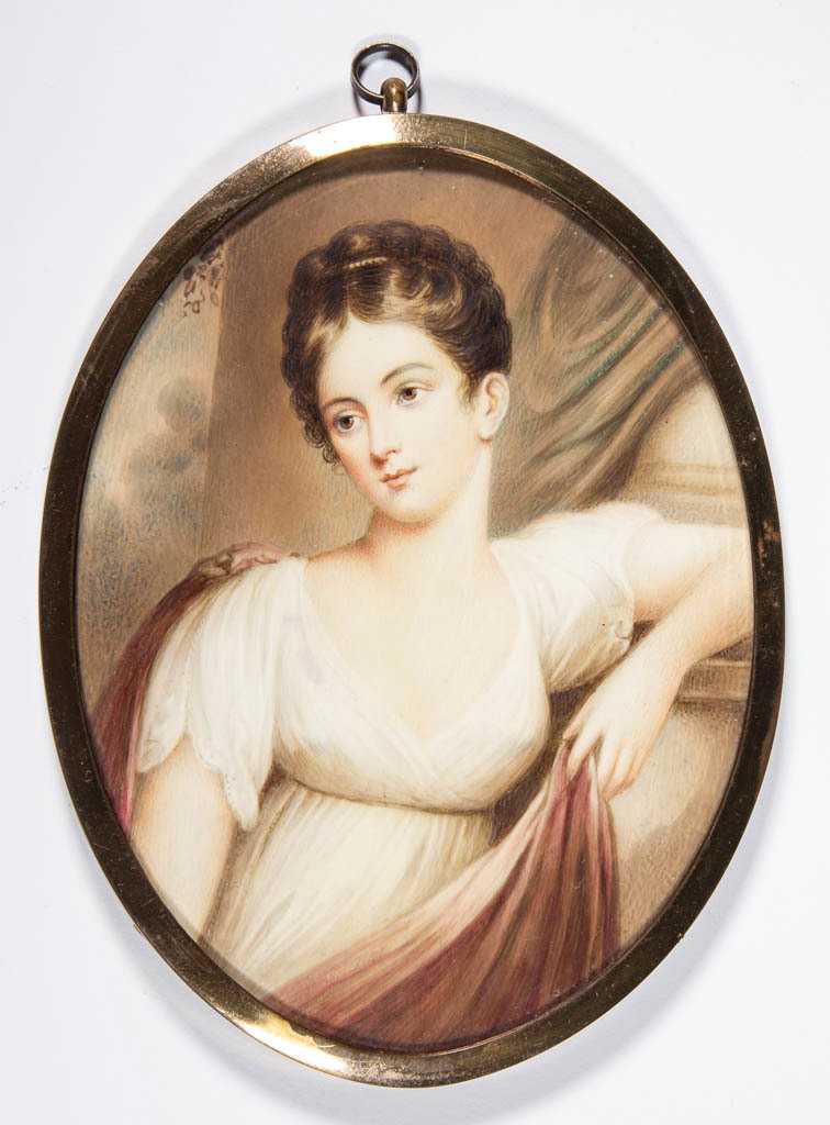 BRITISH OR CONTINENTAL SCHOOL (19TH CENTURY) MINIATURE: BRITISH OR CONTINENTAL SCHOOL (19TH CENTURY) MINIATURE PORTRAIT OF A LADY, watercolor on ivory, attractive sitter wearing low-cut white gown and gazing askance the viewer, no signature located, subjec