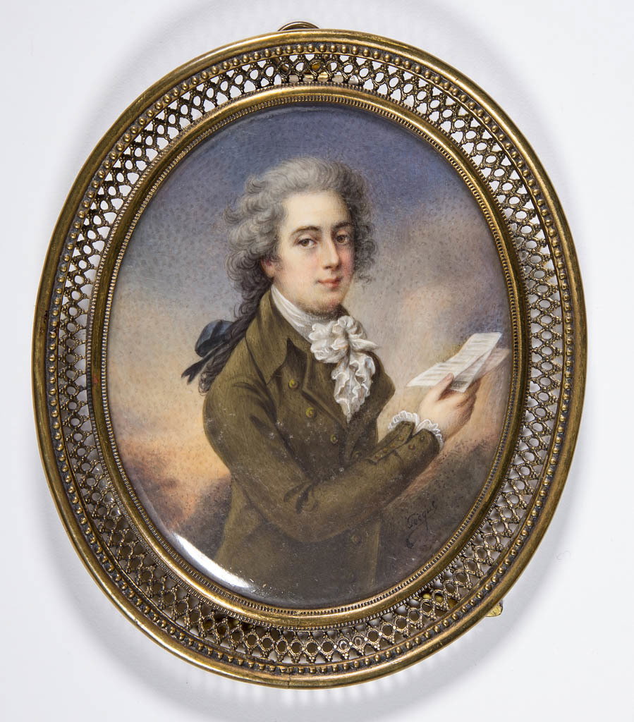 CONTINENTAL SCHOOL (19TH CENTURY) MINIATURE PORTRAIT OF: CONTINENTAL SCHOOL (19TH CENTURY) MINIATURE PORTRAIT OF A GENTLEMAN, watercolor on ivory, after Jean Louis Tocque (French, 1696-1772), sitter holding letter and sporting elaborate coiffure, olive gree