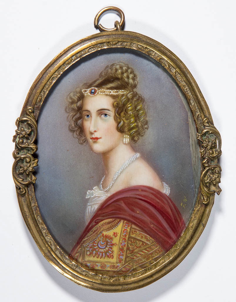 CONTINENTAL SCHOOL (19TH CENTURY) MINIATURE PORTRAIT OF: CONTINENTAL SCHOOL (19TH CENTURY) MINIATURE PORTRAIT OF A LADY, watercolor on ivory, attractive sitter in partial profile, wearing pearls, including jeweled headband, patterned shawl draped over her s