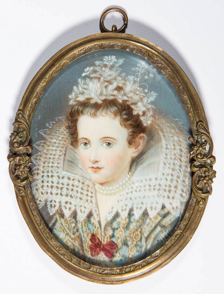 CONTINENTAL SCHOOL (19TH CENTURY) MINIATURE PORTRAIT OF: CONTINENTAL SCHOOL (19TH CENTURY) MINIATURE PORTRAIT OF A LADY, watercolor on ivory, bust-length, sitter sporting elaborate Elizabethan-style costume, backing paper verso bearing old ink inscriptions.