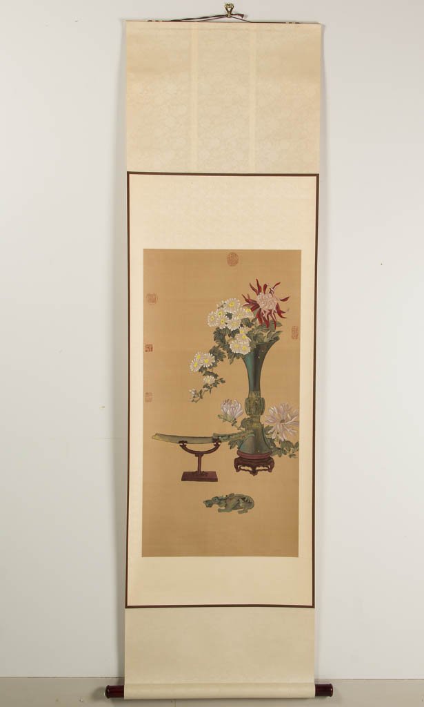 CHINESE PAINTED SILK HANGING SCROLL: CHINESE PAINTED SILK HANGING SCROLL, scene featuring decorated vase filled with flowers, sword / dagger on stand, and stylized figural censer, with several square or oval red seal marks near borders. 