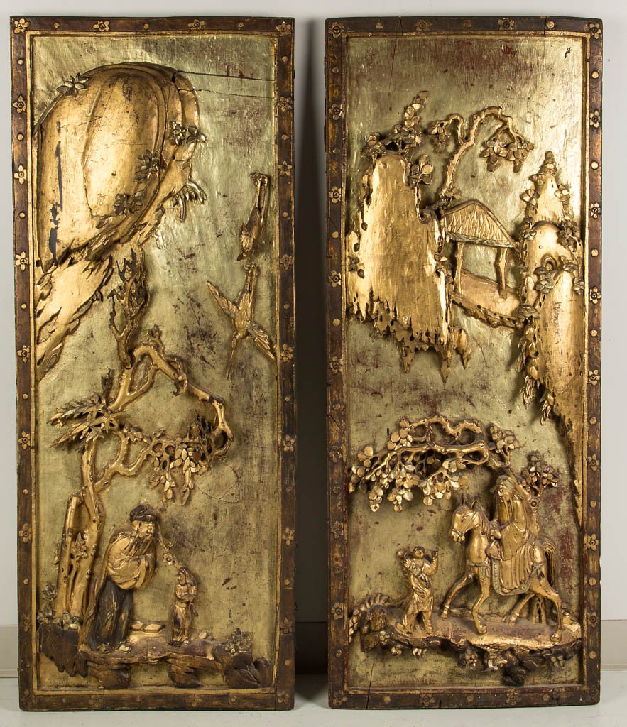 CHINESE CARVED WOOD ARCHITECTURAL PANELS, PAIR: CHINESE CARVED WOOD ARCHITECTURAL PANELS, PAIR, with relief carved and applied carved elements, each featuring a different scene, with matching scene to reverse, possibly depicting Immortals, each wit