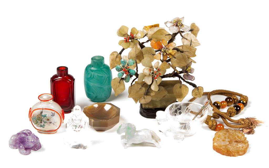 ASSORTED CHINESE AND OTHER SMALL ARTICLES, LOT OF TEN: ASSORTED CHINESE AND OTHER SMALL ARTICLES, LOT OF TEN, stone and glass, including a carved quartz salt cellar, three snuff bottles lacking stoppers, and various figures. Together with an .875 silver s