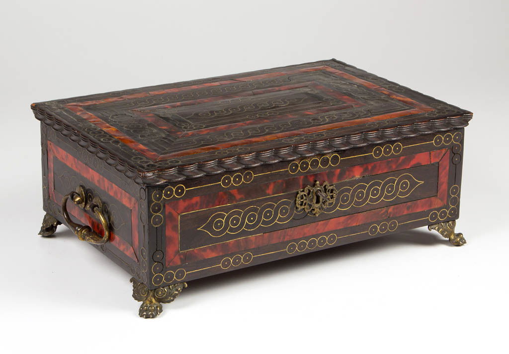 CONTINENTAL BOULLE DRESSER BOX: CONTINENTAL BOULLE DRESSER BOX, rosewood and mahogany with extensive brass, ebony, and shell inlays, embossed leather-lined interior. Retains possibly original cast-brass carrying handles and stylized