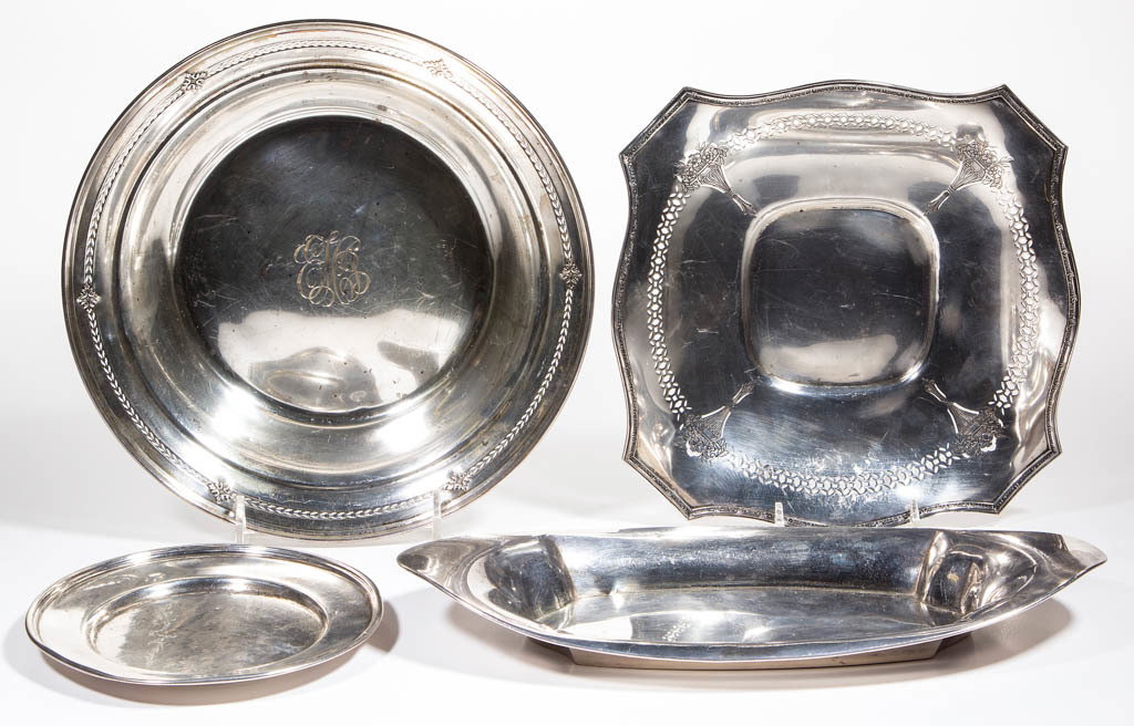 STERLING SILVER TABLE ARTICLES, LOT OF FOUR: STERLING SILVER TABLE ARTICLES, LOT OF FOUR, comprising a large bowl with pierced decoration under rim and marked for Watson Co., a near-square tray with pierced decoration marked for Bailey, Banks & 