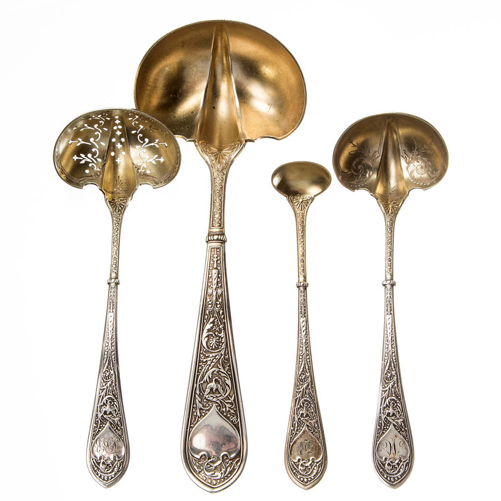 GORHAM STERLING SILVER LADLES, LOT OF FOUR: GORHAM STERLING SILVER LADLES, LOT OF FOUR, "Raphael" pattern, comprising one 7 3/8" sauce ladle, one 5 3/4" cream ladle with bright-cut decoration to blade, one 5 7/8" pierced ladle with bright-cut d