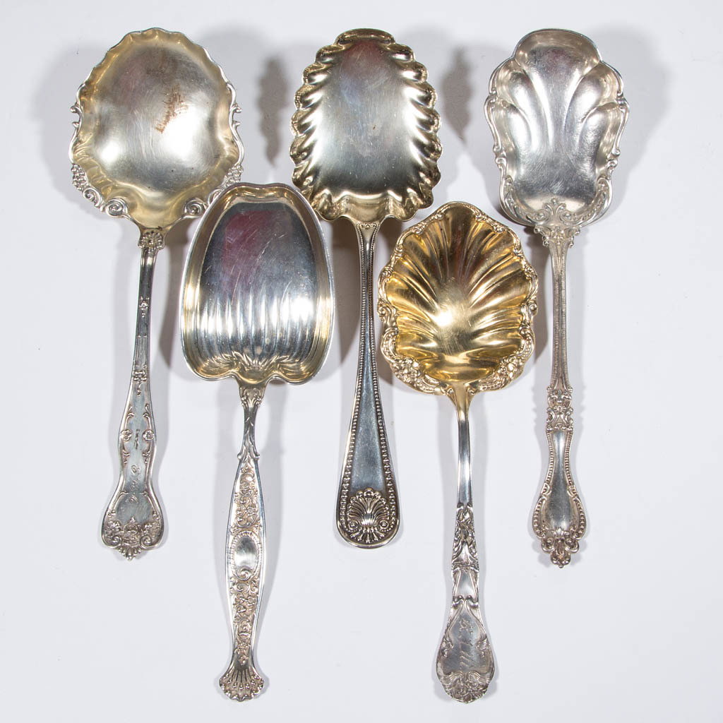 AMERICAN STERLING SILVER SERVING SPOONS, LOT OF FIVE: AMERICAN STERLING SILVER SERVING SPOONS, LOT OF FIVE, including one Whiting Mfg. "Bead" pattern berry spoon, one Whiting "Hyperion" pattern berry spoon, and one Frank Smith Silver Co. "No. 2" pattern 