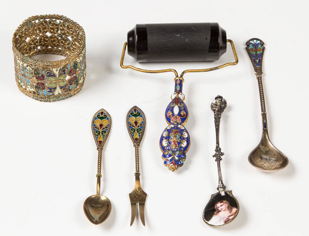 ASSORTED ENAMEL-DECORATED ARTICLES, LOT OF SIX: ASSORTED ENAMEL-DECORATED ARTICLES, LOT OF SIX, comprising an unmarked spoon with an enameled portrait of a lady in the shell-form bowl, two sterling silver spoons and a fork with champleve enameled h