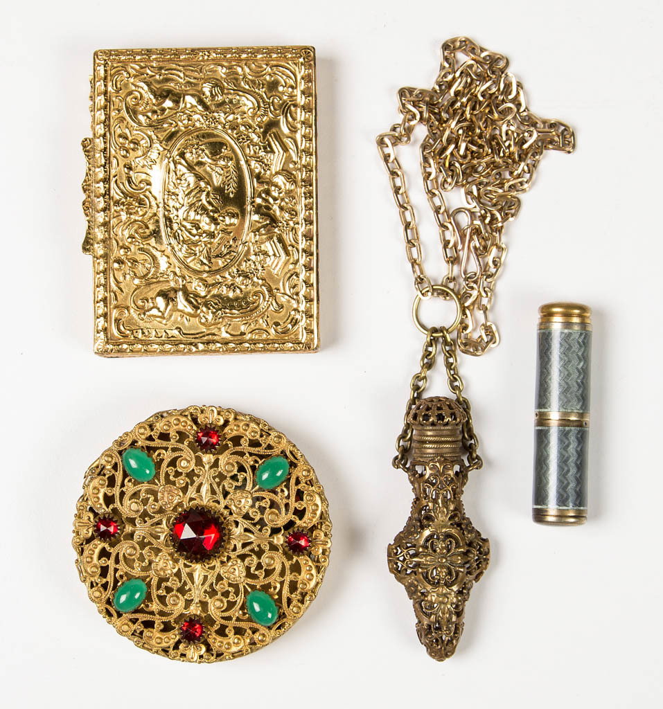 ASSORTED VINTAGE LADY'S ACCOUTREMENTS, LOT OF FOUR: ASSORTED VINTAGE LADY'S ACCOUTREMENTS, LOT OF FOUR, comprising a guilloche enameled lipstick case with unidentified tiny hallmarks, a reticulated gilt-brass perfume vial with hinged cap and chain, and