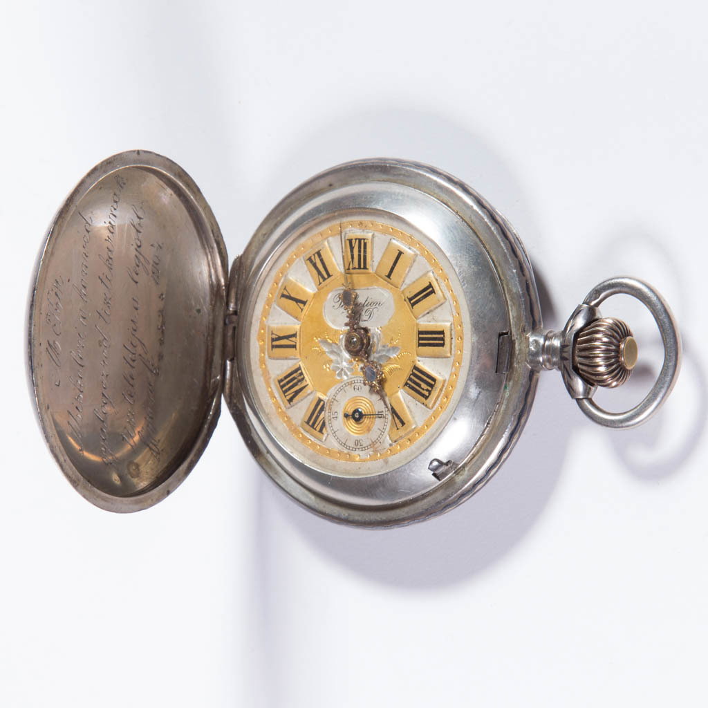FRENCH 11-JEWEL MAN'S MILITARY PRESENTATION POCKET: FRENCH 11-JEWEL MAN'S MILITARY PRESENTATION POCKET WATCH, silver Niello hunter case with equestrian decoration, movement marked "PERFECTION / MARQUE (W&D) DEPOSE", serial #5345 and 17445, two-tone eng