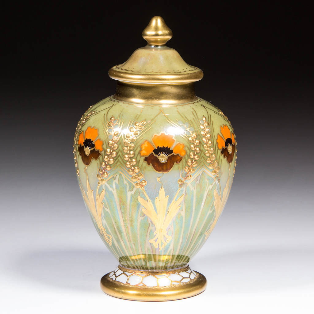 GERMAN HAND-PAINTED GILT CERAMIC CABINET URN: GERMAN HAND-PAINTED GILT CERAMIC CABINET URN, with cover having polychrome and raised gilt decoration over green glaze. Marked on base with underglaze blue scepter. Konigliche Porzellan Manufaktur (KP
