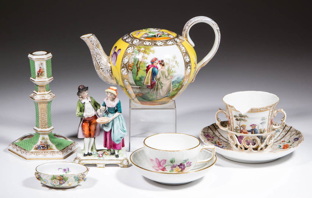 CONTINENTAL CERAMIC ARTICLES, LOT OF EIGHT: CONTINENTAL CERAMIC ARTICLES, LOT OF EIGHT, including one candlestick, one teapot, and two cup and saucer sets. Various marks including KPM (Konigliche Porzellan Manufaktur) and Meissen. Late 19th/20t