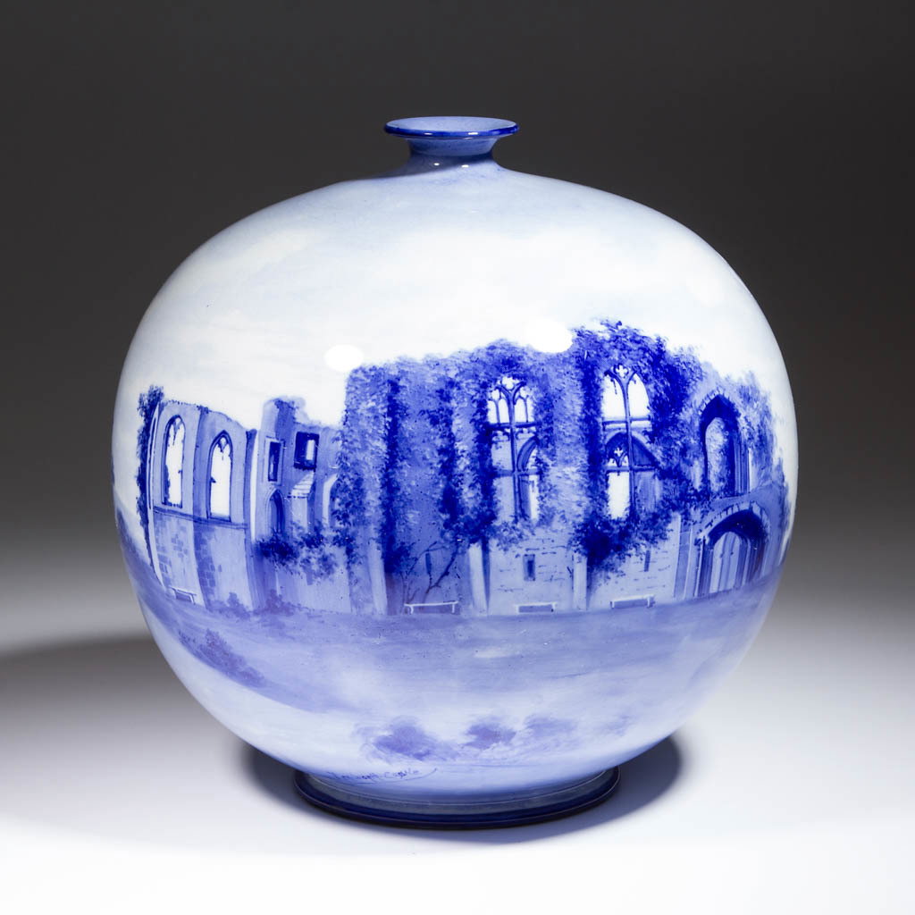 ENGLISH DOULTON HAND-PAINTED CERAMIC VASE: ENGLISH DOULTON HAND-PAINTED CERAMIC VASE, bulbous shape with narrow neck, blue painted design of ruins and landscape. Signed by painted "J. Littler" on side and marked on base "DOULTON / BURSLEM / EN