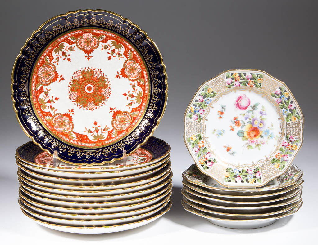 ASSORTED CERAMIC PLATES, LOT OF 19: ASSORTED CERAMIC PLATES, LOT OF 19, comprising seven 6 1/2" pierced rim plates with polychrome enamel floral designs on rim and interior marked "RW/BAVARIA" on base, and twelve 8 5/8" ironstone plates