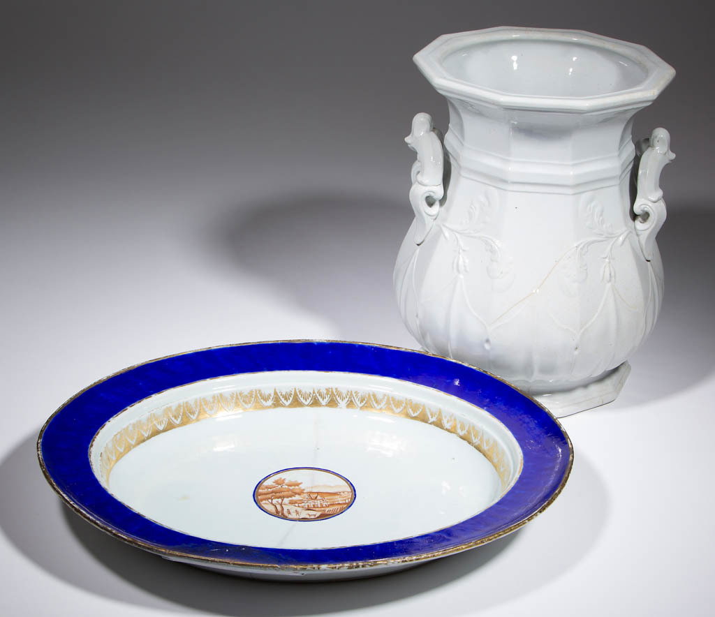 ASSORTED CERAMIC ARTICLES, LOT OF TWO: ASSORTED CERAMIC ARTICLES, LOT OF TWO, comprising one English white ironstone molded and panelled jar/urn with elaborate molded handles, floral design on exterior and flared rim; and one oval Chinese 