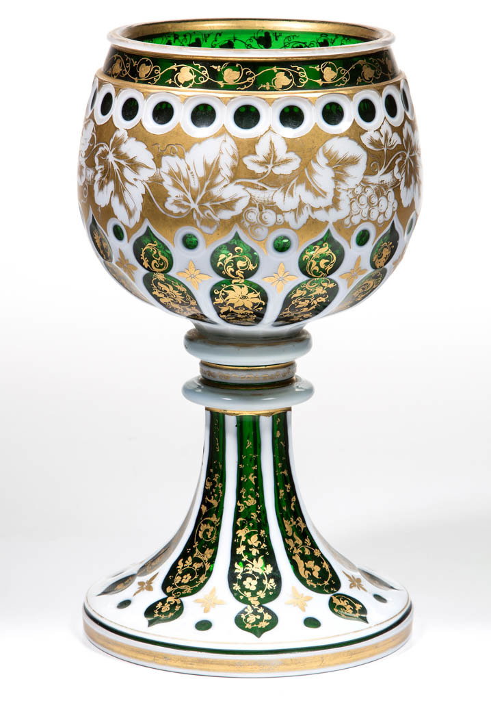EUROPEAN GOTHIC CUT OVERLAY CHALICE: EUROPEAN GOTHIC CUT OVERLAY CHALICE, opaque white to emerald green lead glass, large bowl with cathedral-form cuts at the base with a single punty cut in between, band of punty cuts at the top, raised