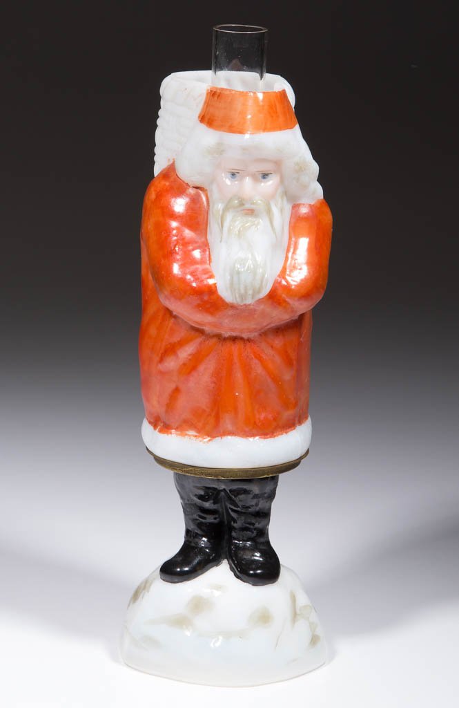 SANTA CLAUS FIGURAL GLASS MINIATURE LAMP: SANTA CLAUS FIGURAL GLASS MINIATURE LAMP, opaque white with red, black and gray decoration, base with light opalescence, head and body form the shade with red decoration to the top and bottom, black l