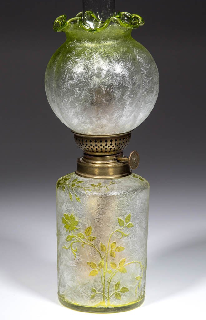 ACID CUT-BACK CAMEO-TYPE MINIATURE LAMP: ACID CUT-BACK CAMEO-TYPE MINIATURE LAMP, chartreuse green to colorless textured pattern, cylinder-form font with an acid fern/foliage type pattern and cut floral and leaf cameo-type pattern, polished 