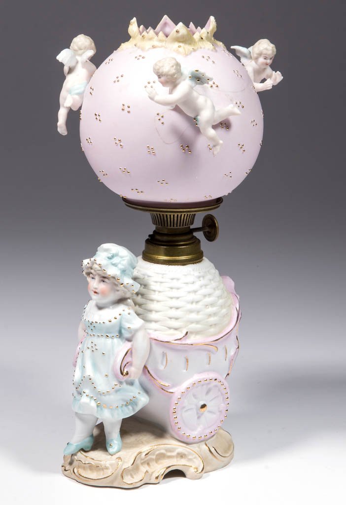 BISQUE GIRL WITH CART FIGURAL MINIATURE LAMP (1 of 1)