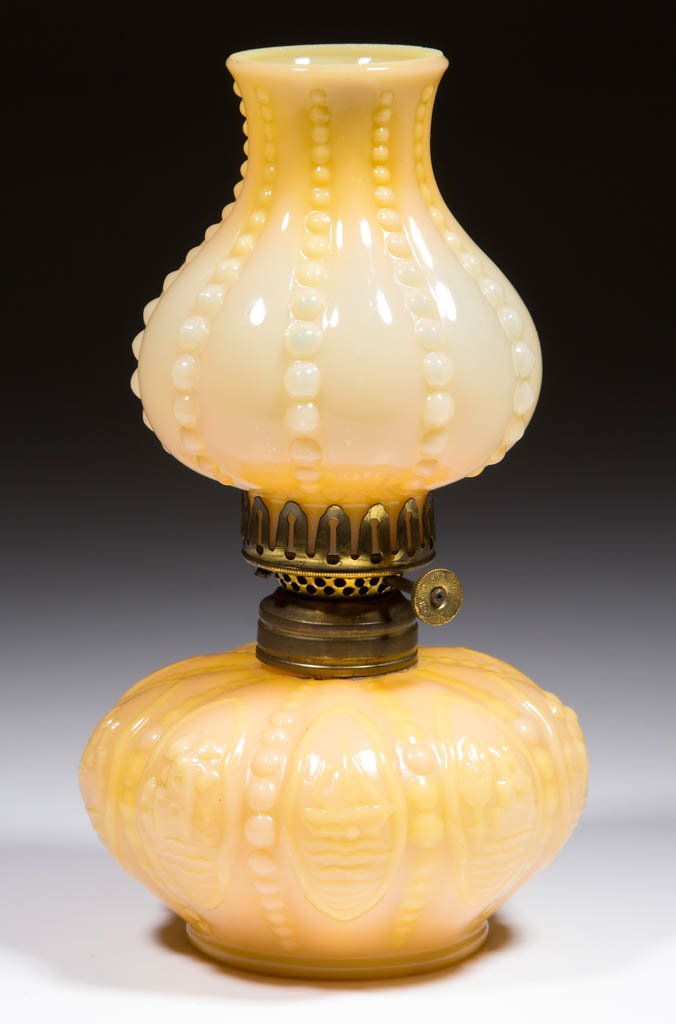 NEW MARTINSVILLE NO. 800 / BY-THE-SEA MINIATURE LAMP: NEW MARTINSVILLE NO. 800 / BY-THE-SEA MINIATURE LAMP, Muranese, matching bead patterned chimney-shade, No. 1 brass collar. Fitted with a Holmes, Booth & Haydens Twilight burner. New Martinsville Glass