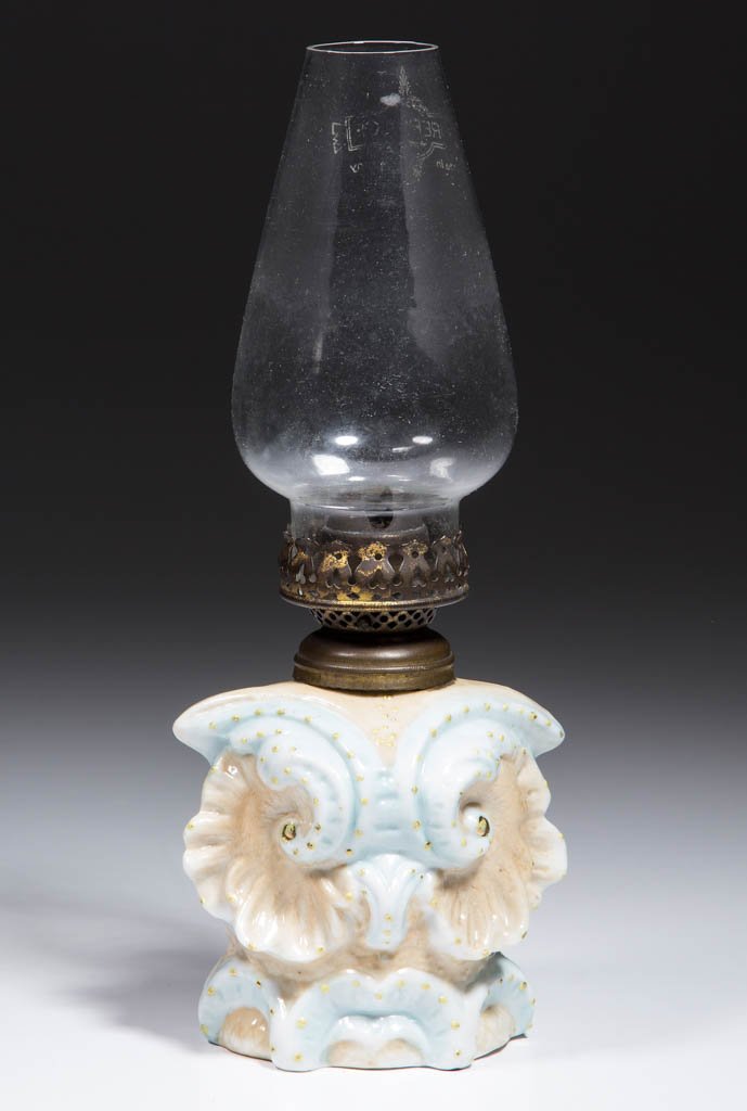 GERMAN PORCELAIN OWL HEAD FIGURAL MINIATURE LAMP (1 of 1)
