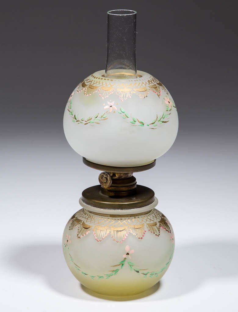 VICTORIAN DECORATED SATIN GLASS MINIATURE LAMP (1 of 1)