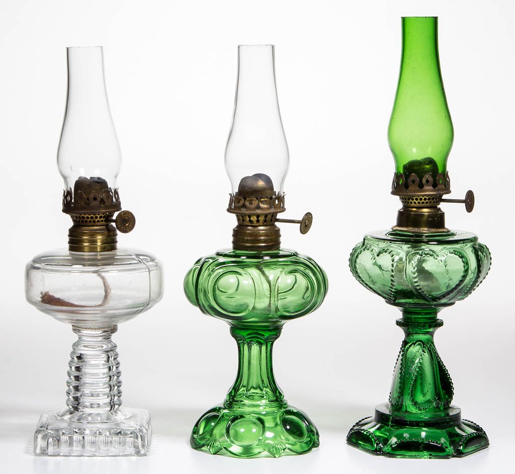 ASSORTED PATTERN MINIATURE STAND LAMPS, LOT OF THREE: ASSORTED PATTERN MINIATURE STAND LAMPS, LOT OF THREE, colorless and green, comprising a Hobbs Optic/Smith I, fig. 103; a Beaded Heart/Smith I, fig. 109; and a Daisy/Smith I, fig. 112, period collars.