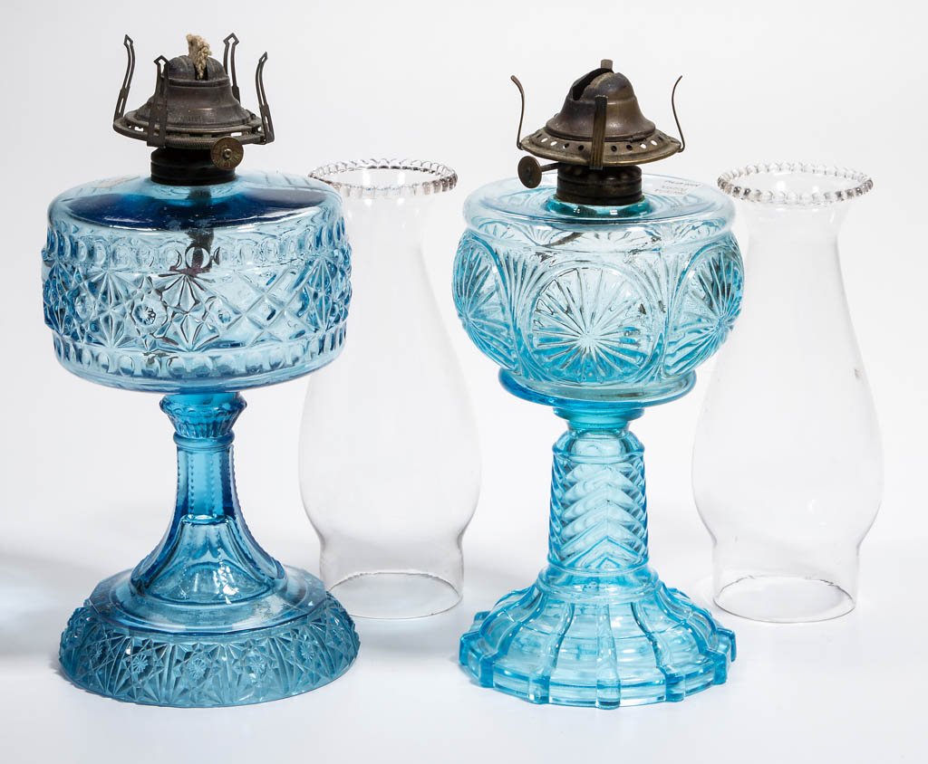 ASSORTED PATTERN KEROSENE STAND LAMPS, LOT OF TWO (1 of 1)