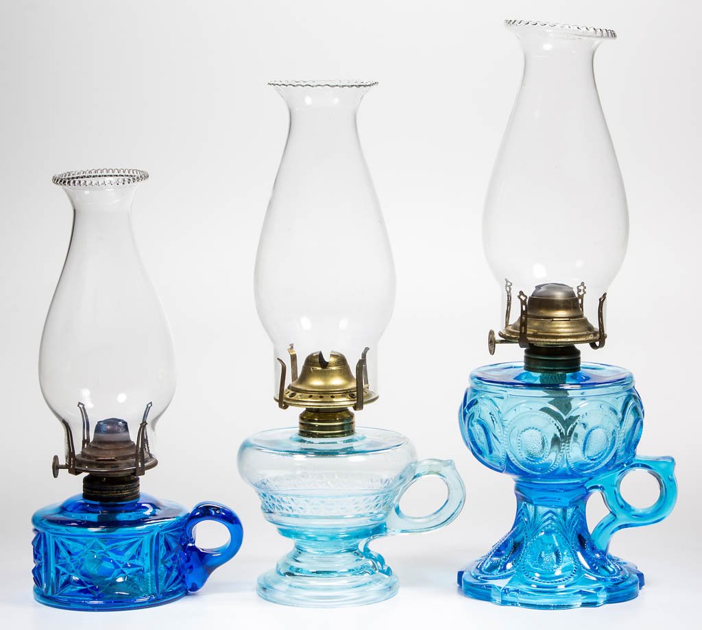 ASSORTED GLASS KEROSENE FINGER LAMPS, LOT OF THREE (1 of 1)