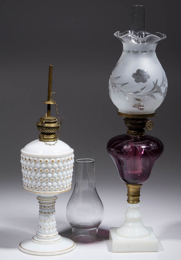 ASSORTED GLASS KEROSENE STAND LAMPS, LOT OF TWO (1 of 1)