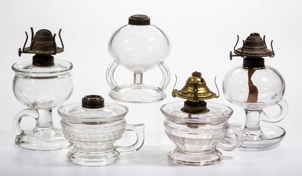 ASSORTED PATTERN KEROSENE FOOTED FINGER LAMPS, LOT OF (1 of 1)