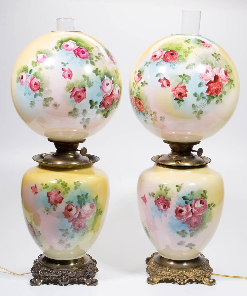 VICTORIAN PAINT DECORATED PAIR OF KEROSENE PARLOR LAMPS (1 of 1)