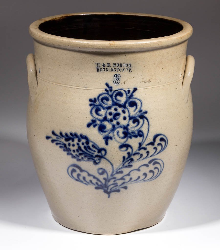 STAMPED "J. & E. NORTON. / BENNINGTON VT." VERMONT: STAMPED "J. & E. NORTON. / BENNINGTON VT." VERMONT DECORATED STONEWARE JAR, salt-glazed, "3" gallon capacity mark, semi-ovoid form with incised shoulder ring, arched handles, and flat-top rim, Albany-