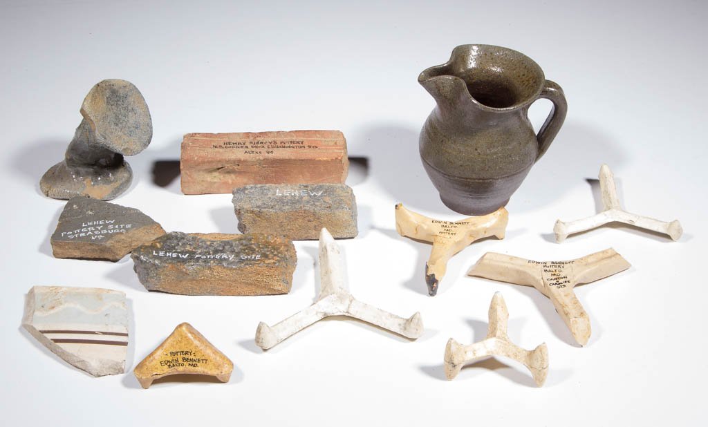 ASSORTED AMERICAN POTTERY KILN FURNITURE, LOT OF TEN: ASSORTED AMERICAN POTTERY KILN FURNITURE, LOT OF TEN PIECES, stoneware and earthenware, including stilts and bars, pottery sites of origin identified as LeHew, Strasburg, VA; Piercy, Alexandria, VA; a