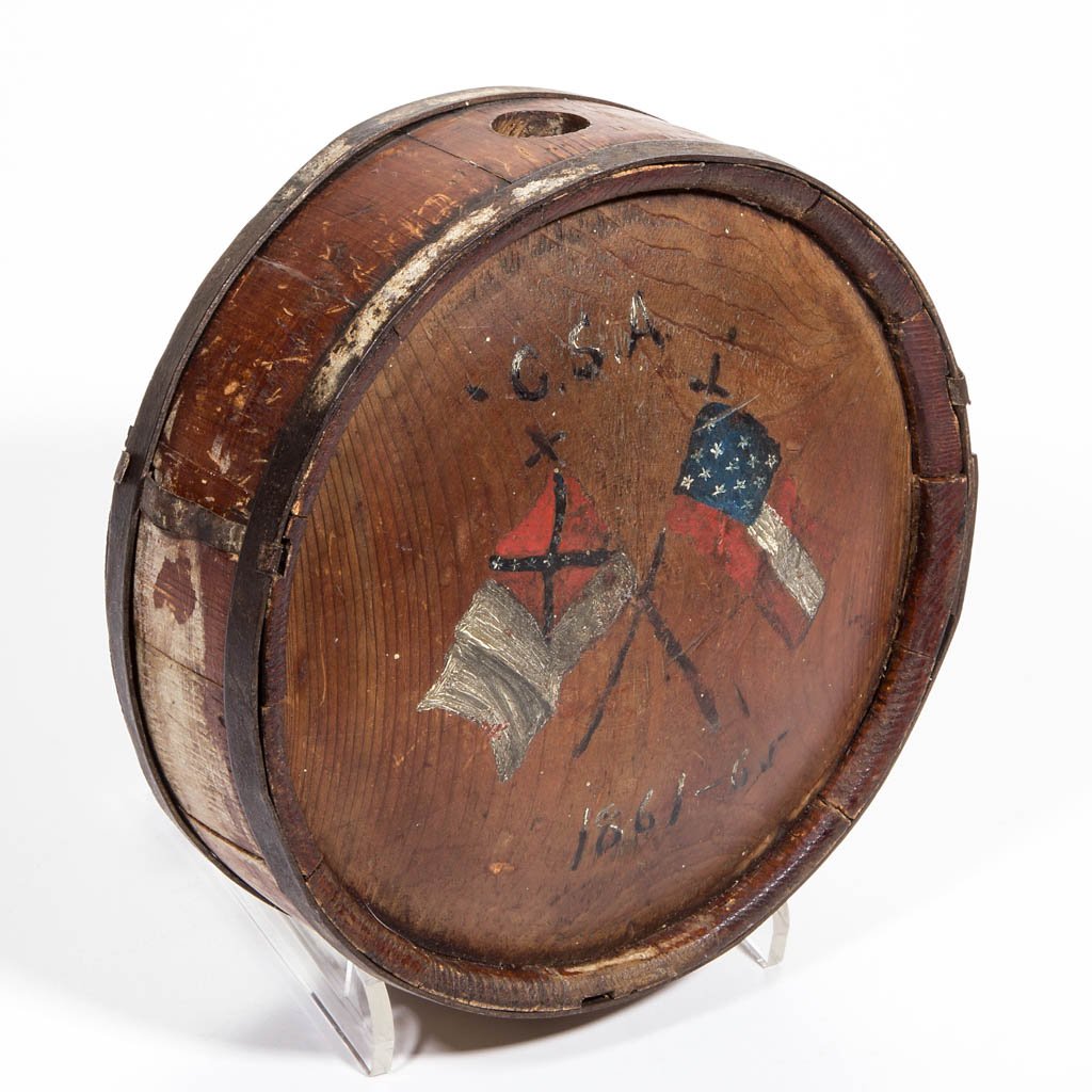 CIVIL WAR ERA CEDAR DRUM CANTEEN: CIVIL WAR ERA CEDAR DRUM CANTEEN, with iron banding, later painted Confederate reunion decoration depicting a variant of the first national flag of the Confederacy, or "Stars and Bars", and the second