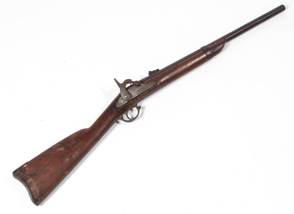 SPRINGFIELD MODEL 1861 RIFLED MUSKET: SPRINGFIELD MODEL 1861 RIFLED MUSKET, barrel cut down, forestock shortened, marked to lockplate "U.S. / SPRINGFIELD". Circa 1861. 22 5/8" barrel, 38 5/8" LOA. Barrel and forestock cut down as describe