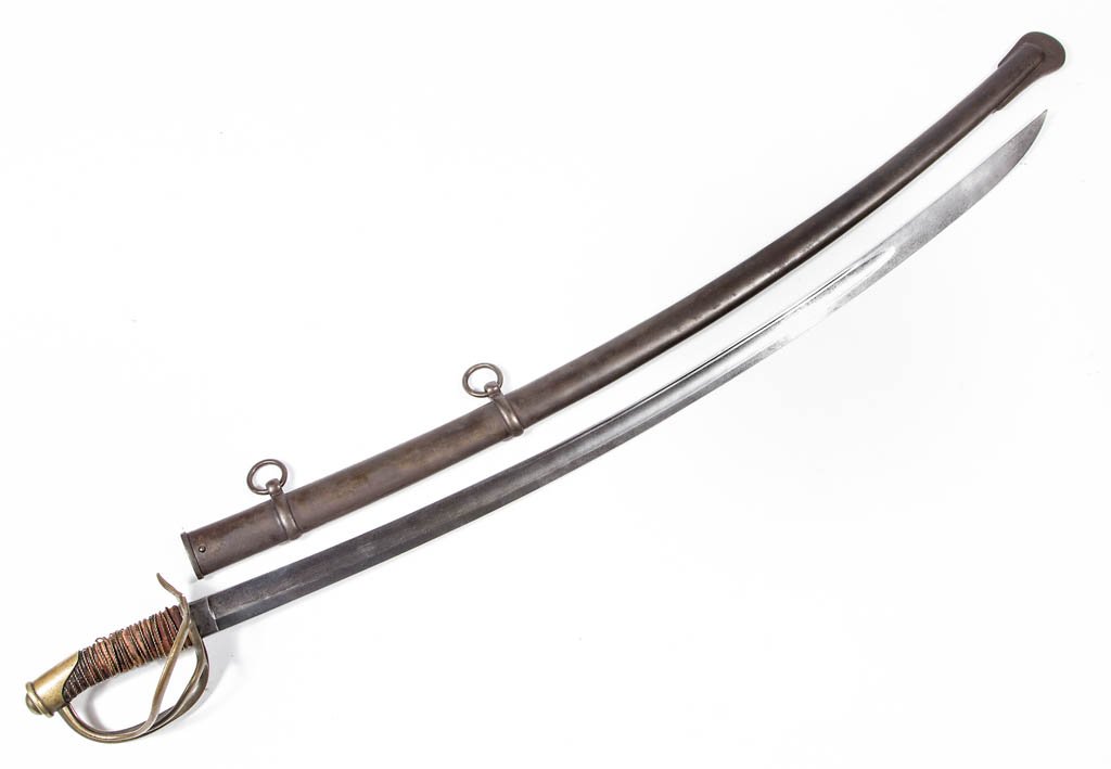 U.S. MODEL 1840 HEAVY CAVALRY SABER AND SCABBARD: U.S. MODEL 1840 HEAVY CAVALRY SABER AND SCABBARD, having brass guard with three-branch knuckle bow, blade marked to ricasso "W. CLAUBERG / SOLINGEN", wire wrap to grip over remnants of leather; origin