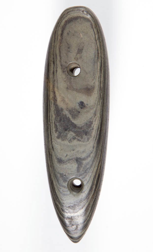 NATIVE AMERICAN BANDED SLATE GORGET: NATIVE AMERICAN BANDED SLATE GORGET, narrow teardrop form, with hole to each end. Collection information to back, paper label lettered "B. STALEY / FARM / JACKSON / TWP / HARDING CO. / OHIO", and pain