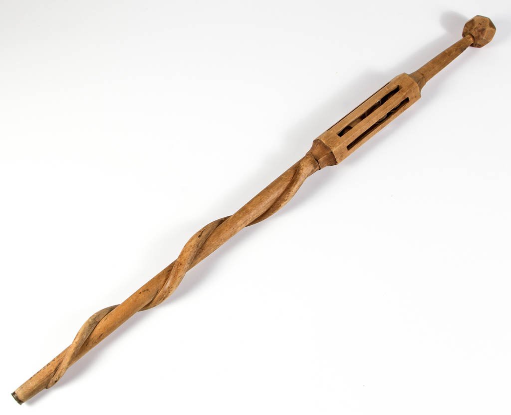 AMERICAN CARVED FOLK ART CANE / WALKING STICK: AMERICAN CARVED FOLK ART CANE / WALKING STICK, facetted-ball grip above a hexagonal cage containing three balls, lower shaft with entwined snake, inked "S D Mooney" signature above the brass U. S. Cli