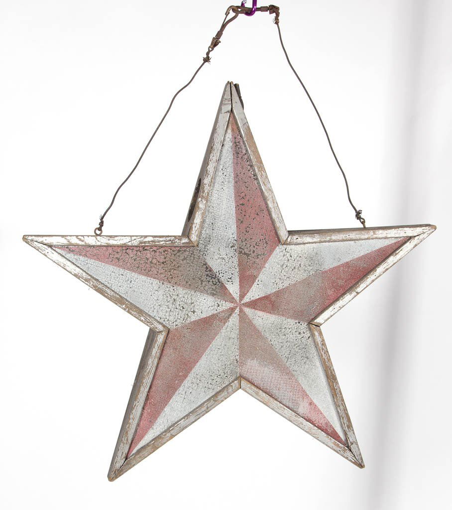 AMERICAN PAINT-DECORATED CARNIVAL STAR: AMERICAN PAINT-DECORATED CARNIVAL STAR, gray-painted wooden frame with painted wire screen, green and white to one side and red and white to the other, interior wired for a single light bulb. Mid 20th