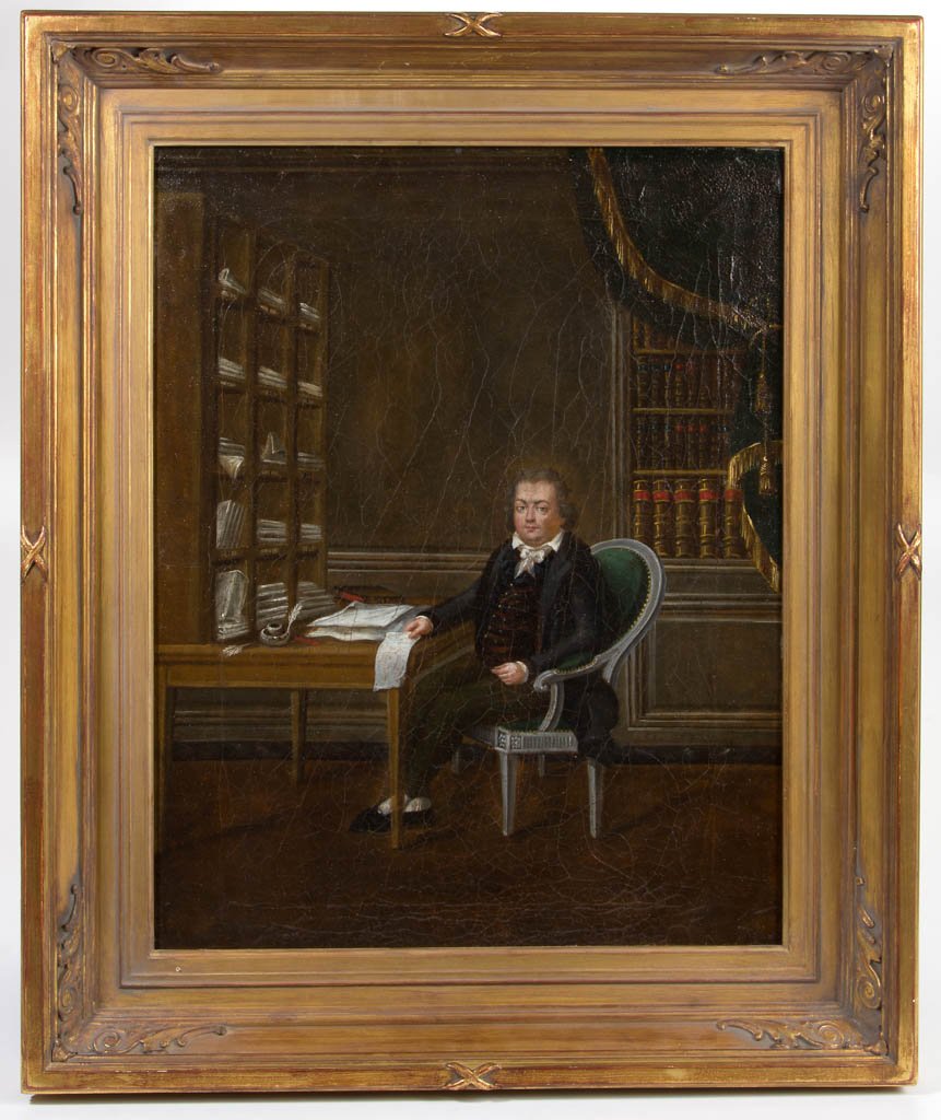 AMERICAN SCHOOL (19TH CENTURY) PORTRAIT OF A MAN: AMERICAN SCHOOL (19TH CENTURY) PORTRAIT OF A MAN (UPDATED 11/7/16), oil on canvas, unidentified subject seated in a painted Adams-style chair in front of a desk and bookcase filled with papers, librar
