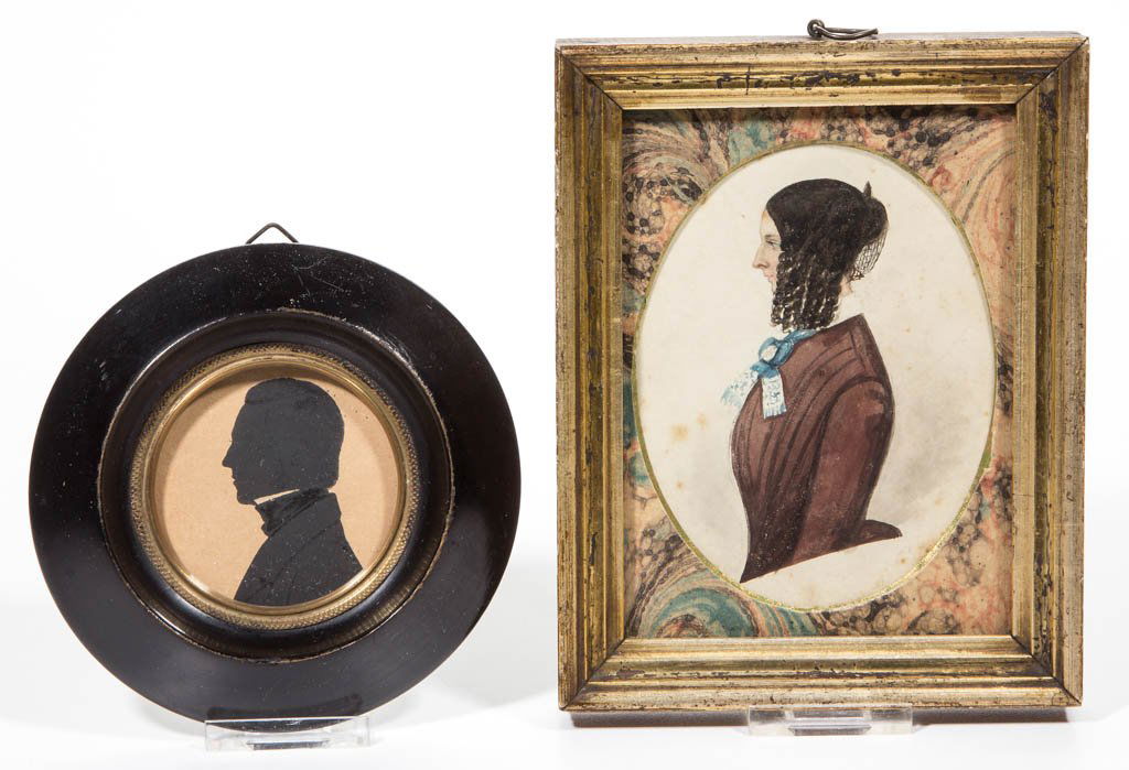 AMERICAN OR BRITISH SCHOOL (19TH CENTURY) FOLK ART: AMERICAN OR BRITISH SCHOOL (19TH CENTURY) FOLK ART MINIATURE PORTRAIT OF A WOMAN, watercolor and pencil on paper, profile depiction of sitter in a burgundy dress, blue-and-white scarf, no signature lo