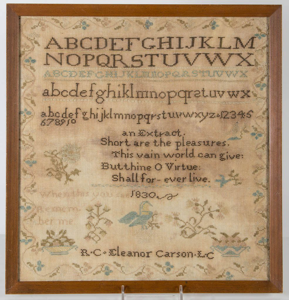 ELEANOR CARSON (GRAYSON CO., VIRGINIA, B.1819): ELEANOR CARSON (GRAYSON CO., VIRGINIA, B.1819) PICTORIAL NEEDLEWORK SAMPLER, silk on linen, five alphabet and numeral rows above four-line verse, "1830" date over "Eleanor Carson" signature, pictorial