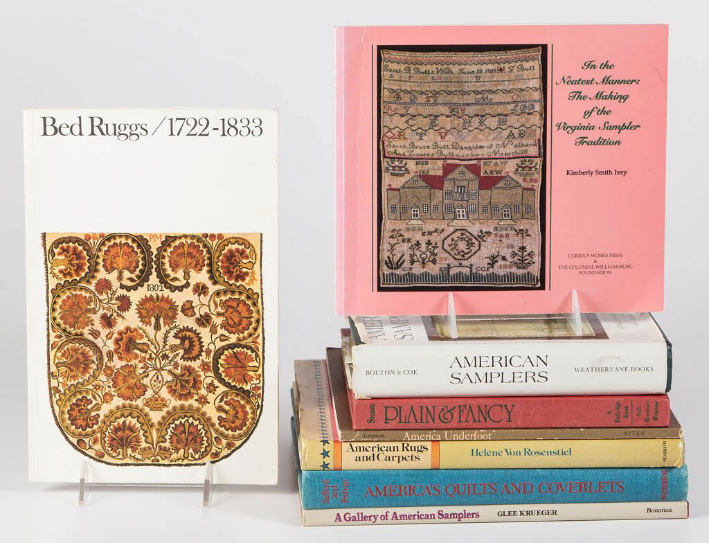 AMERICAN TEXTILES REFERENCE VOLUMES, LOT OF EIGHT: AMERICAN TEXTILES REFERENCE VOLUMES, LOT OF EIGHT, including Ivey, "In the Neatest Manner: The Making of the Virginia Sampler Tradition" and Callister/Warren, "Bed Rugs / 1722-1833". Hard and soft cov