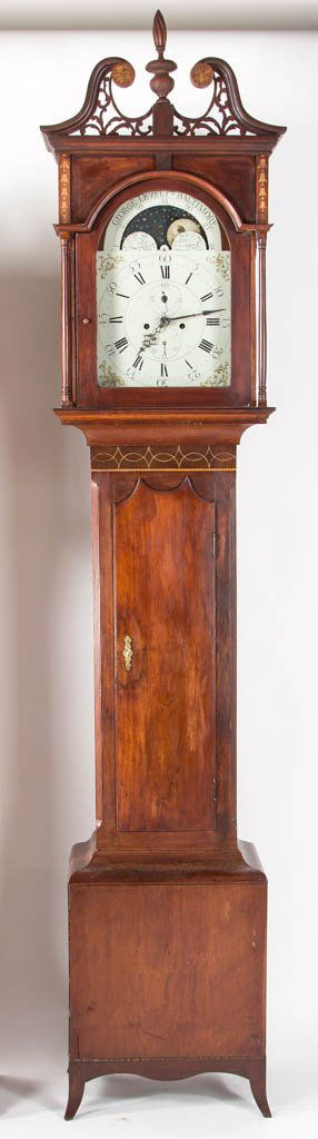 AMERICAN FEDERAL INLAID CHERRY TALL-CASE CLOCK: AMERICAN FEDERAL INLAID CHERRY TALL-CASE CLOCK, painted sheet-iron calendar dial signed "GEORGE LEVELY / BALTIMORE" and eight-day brass works, hood featuring broken-arch pediment with pierced fretwork
