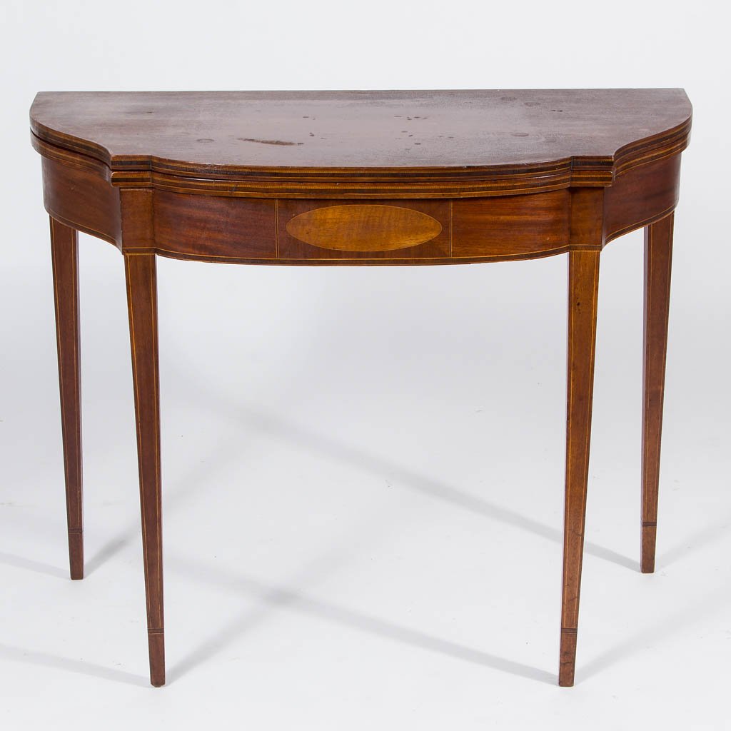 JACOB SANDERSON (MASSACHUSETTS, 1757-1810), ATTRIBUTED,: JACOB SANDERSON (MASSACHUSETTS, 1757-1810), ATTRIBUTED, FEDERAL INLAID MAHOGANY CARD TABLE, the hinged folding top with elliptical front and blocked serpentine ends, over a conforming frame raised on 
