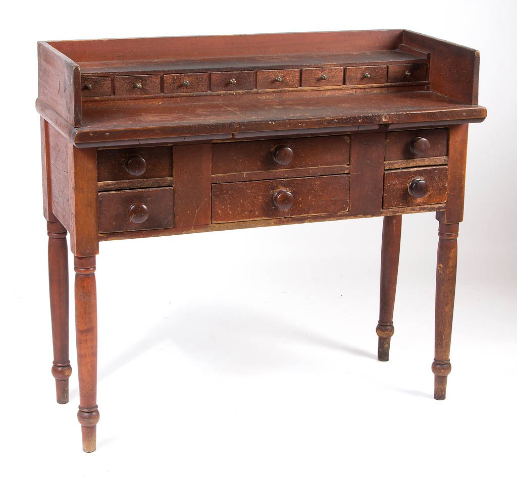 AMERICAN, PROBABLY PENNSYLVANIA, PAINTED POPLAR AND: AMERICAN, PROBABLY PENNSYLVANIA, PAINTED POPLAR AND CHERRY WATCHMAKER'S WORKBENCH, tall, unique form having a dovetailed gallery fitted with stepped-back upper bank of eight small drawers, one with di