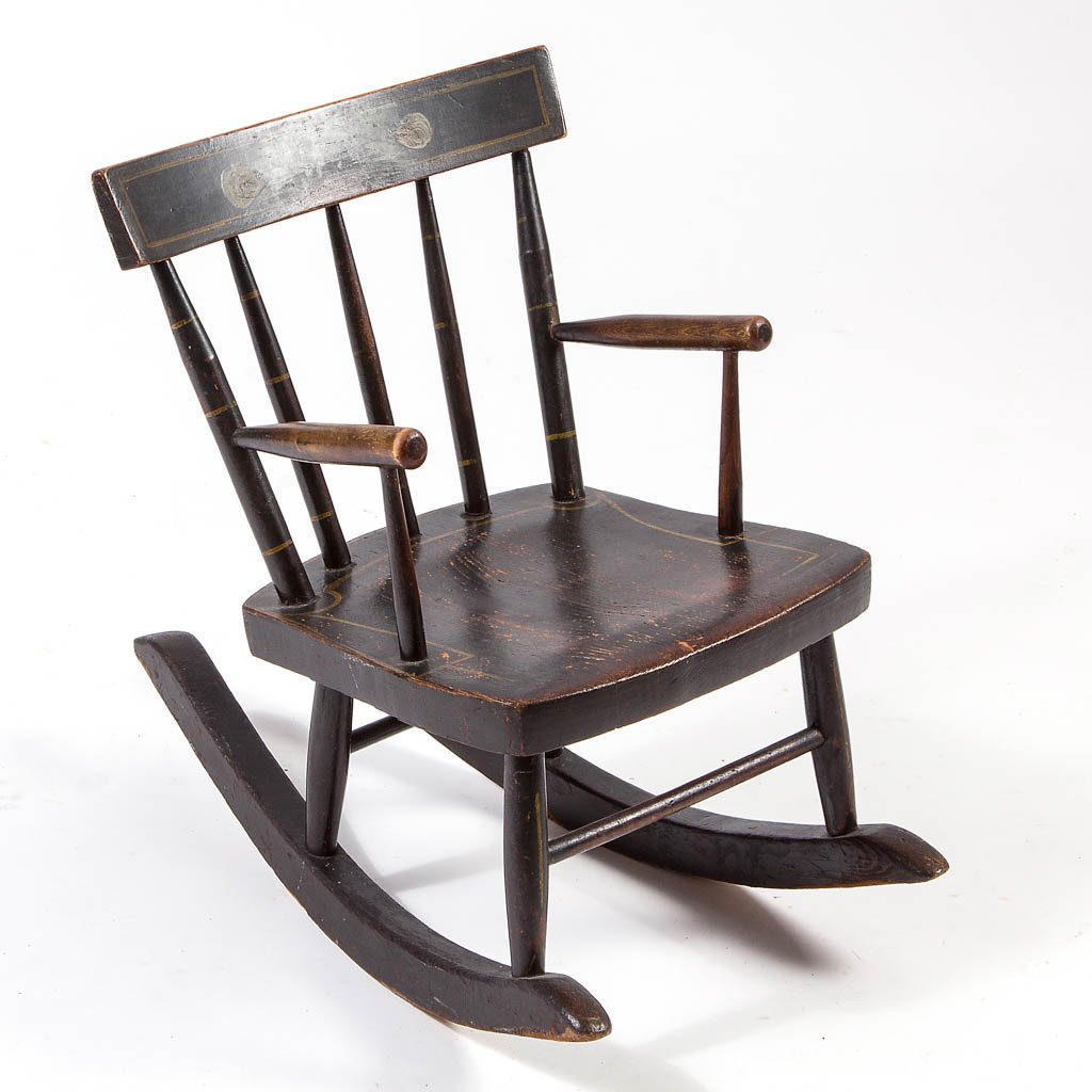 MID-ATLANTIC PAINT-DECORATED CHILD'S ROCKING CHAIR: MID-ATLANTIC PAINT-DECORATED CHILD'S ROCKING CHAIR, tablet crest, three-spindle back, and tapered arms above a slightly shaped plank seat, raised on four legs with front and rear stretchers and applie