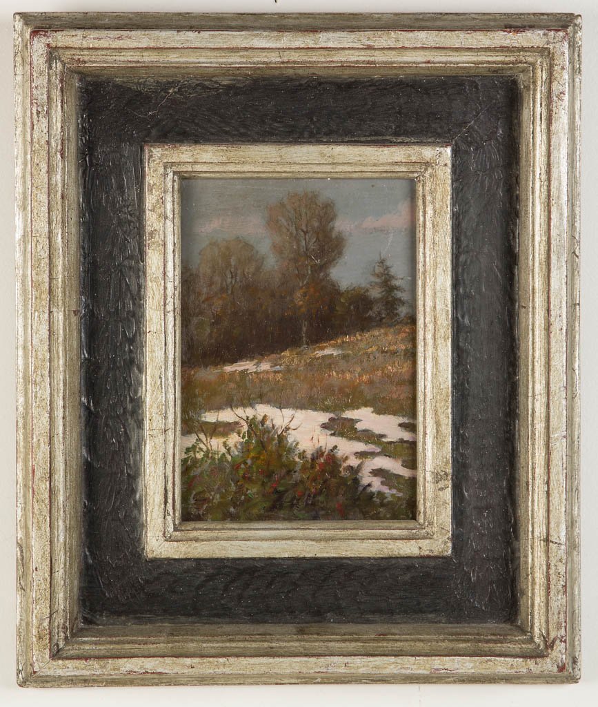 BENSON BOND MOORE (AMERICAN, 1882-1974) LANDSCAPE: BENSON BOND MOORE (AMERICAN, 1882-1974) LANDSCAPE PAINTING, oil on board, a late winter view of a hilly meadow, remnants of snow on the ground, trees in the distance, signed faintly lower left, titled