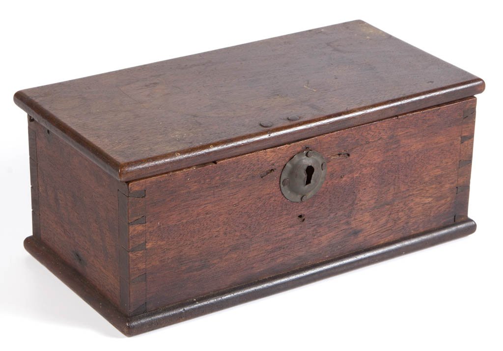 VIRGINIA WALNUT DIMINUTIVE VALUABLES BOX: VIRGINIA WALNUT DIMINUTIVE VALUABLES BOX, dovetailed construction with hinged lid, old replaced sheet-iron escutcheon, original brass hinges and lock, originally fitted with a center divider. Excellen